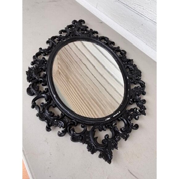 Vintage Oval Wall Hanging Mirror Ornate Black Scroll Border Chippy Shabby Chic - Picture 9 of 12